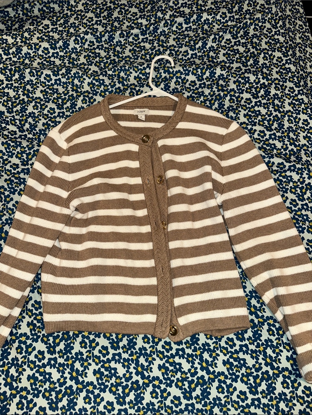 J. Crew Striped Crewneck Cardigan in Beige and White